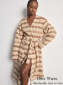 Ocili Women's Plush Double-Sided Fleece Printed Snowflake Robe - Khaki - View 1