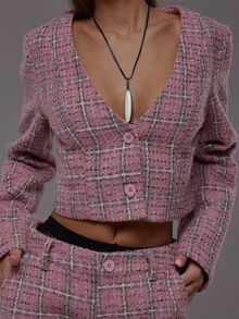 MUSERA Pink Woven Plaid Cropped Button Down Tailored Top Autumn Fall Winter Cute Everyday Office Corporate Romance - Pink - View 5