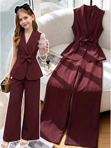 Tween Girl Knotted Waist Vest Jacket And Long Pants Casual Daily Outfit Set - Burgundy - View 1