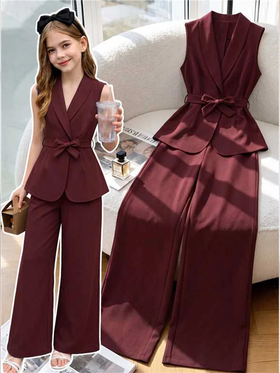 Tween Girl Knotted Waist Vest Jacket And Long Pants Casual Daily Outfit Set - Burgundy - View 1
