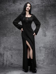 Cryptelle Women's Black Gothic Lace-Up Slit Long Dress Witch Halloween Outfit Autumn/Winter - Black - View 1
