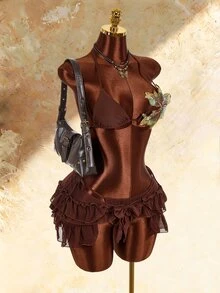 Amplova Women's 3 Pieces Swimwear Set With 3D Floral Butterfly Orchid Bra Cups, Solid Color Lining, Ruffle Hem Cover-Up And Front Center Knot - Brown - View 11