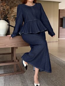 Dazy Plus Vintage Solid Color Washed Long Sleeve Patchwork Hem Long Denim Dress Elegant - Dark Wash - View 4