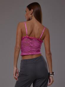 MUSERA Pink Lace Cami Crop Top Autumn Fall Winter Cute Everyday Office Corporate Romance - Hot Pink - View 5