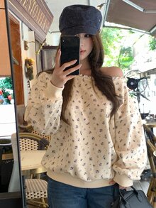 DAZY 女款寬鬆版型保暖內裡不對稱圖案字母印花運動衫 - 米色 - 查看 4