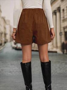 SHEIN Clasi Solid Cord Button Detail Fold Pleated Shorts - Brown - View 2