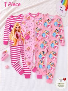 Young Girl Sweet Pattern Print Cute Playful Soft Elastic Milk Silk Fabric Long Sleeve Long Pants Tight Zipper Design Spring Autumn Winter Pink One-Piece Jumpsuit - Multicolor - View 1