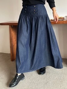 Dazy Plus Double-Breasted Design Long Loose Elegant Denim Skirt - Dark Wash - View 7