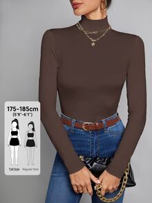 SHEIN Tall 簡約純色修身高領白色上衣，適合秋冬，高個女性穿著 - 巧克力棕 - 查看 10