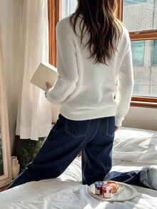 Zovinel Sweater Rajut Lengan Panjang Putih Leher Tinggi Musim Gugur yang Modis untuk Wanita - Putih - View 2