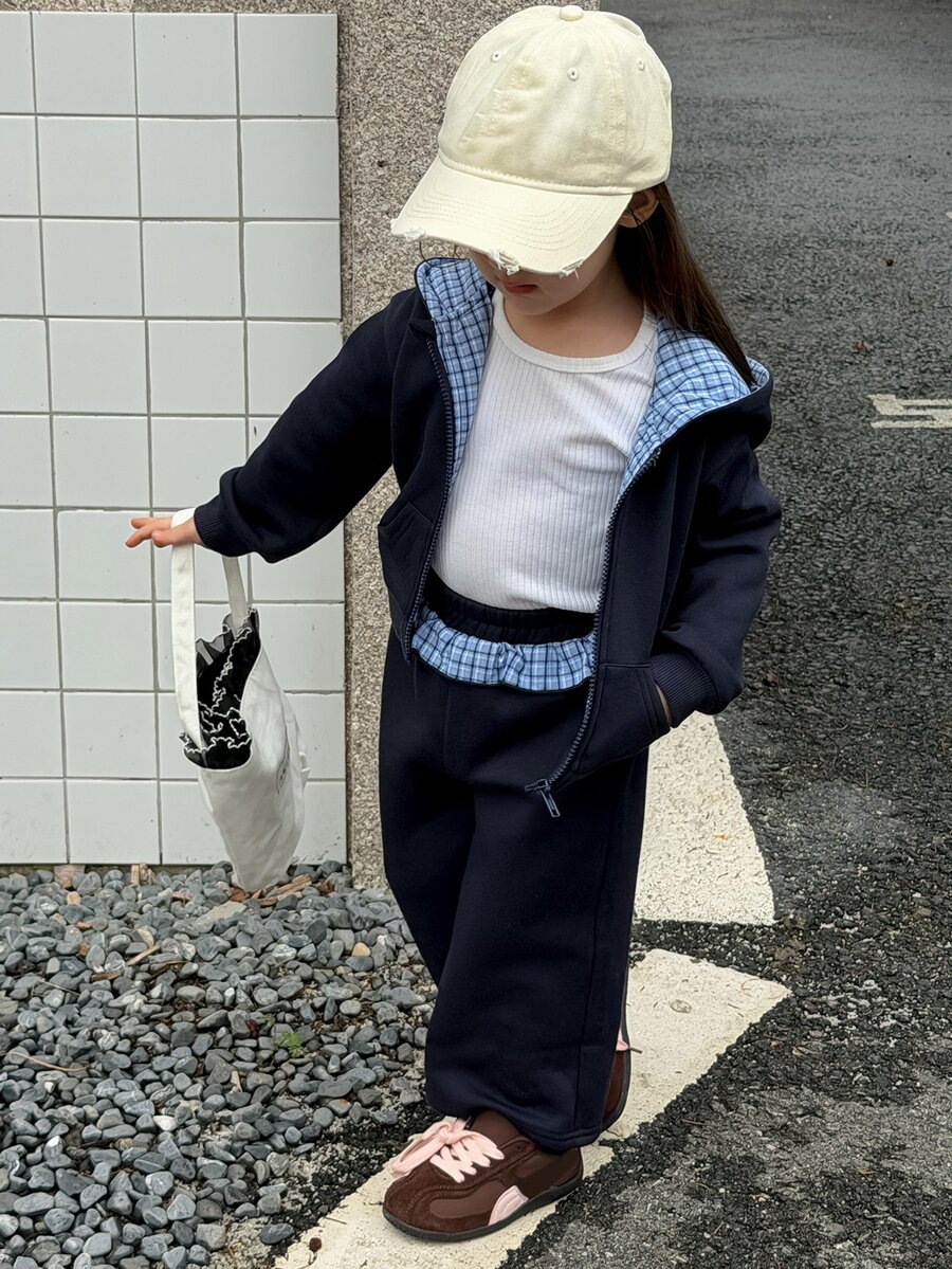DAZY Infant (Girl) Plaid Patchwork Long Sleeve Autumn/Winter 2 Pieces Sweatshirt Set - Navy Blue - View 1