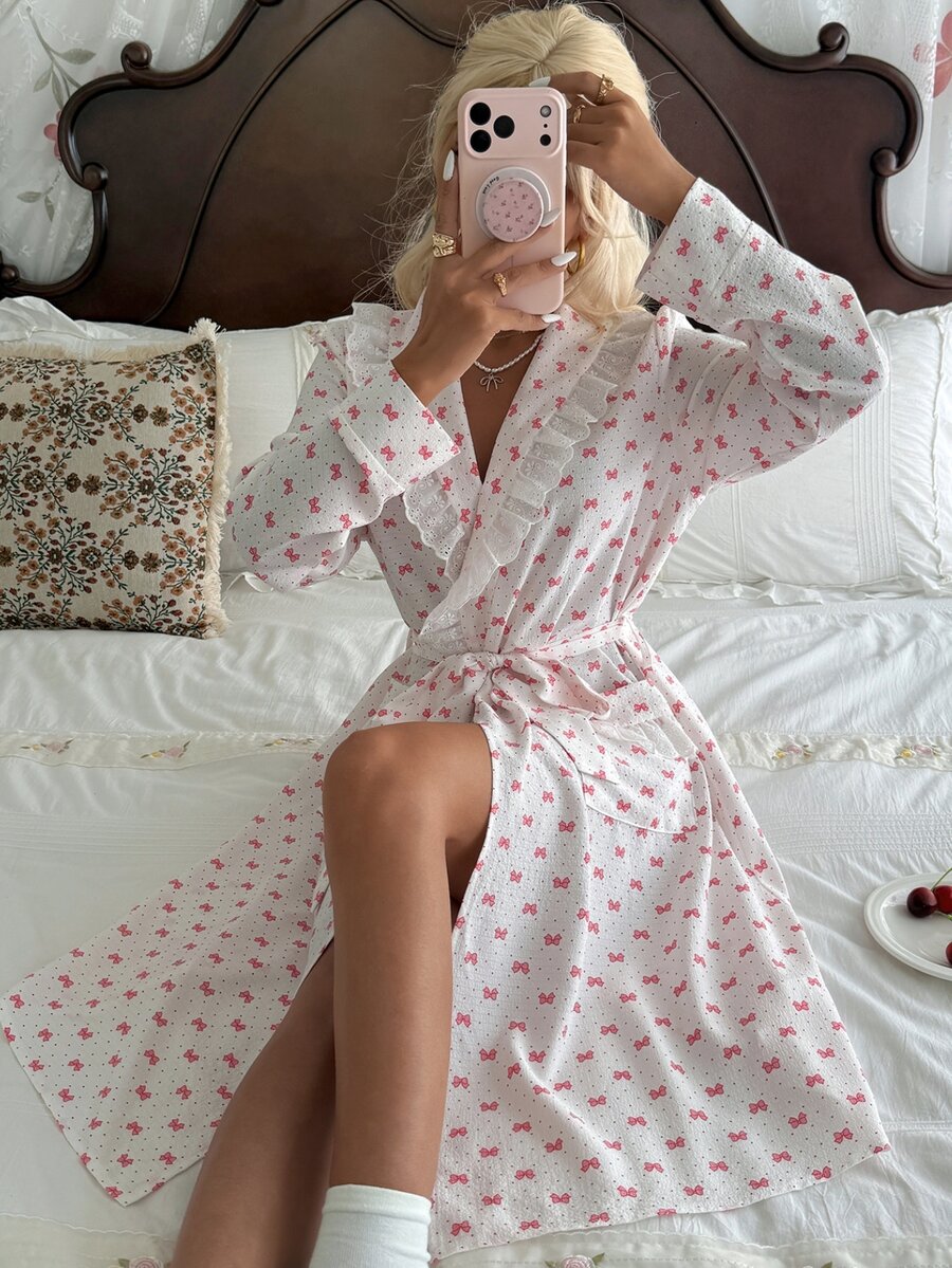CottageSlumber Women's Woven Bow Print Ruched Embroidered Lace Long Sleeve Robe - Pink - View 1