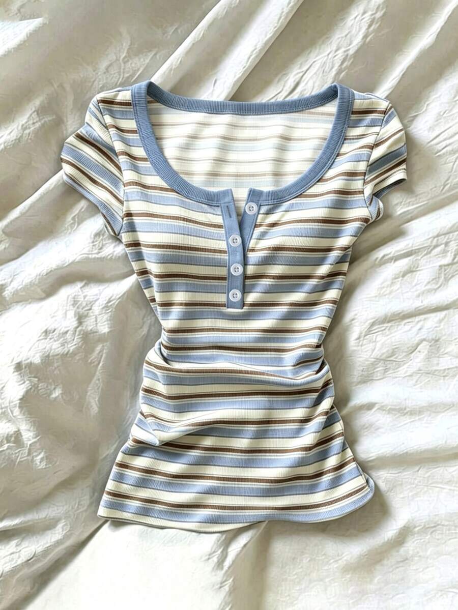 SHEIN 青少年女孩法式復古休閒方領羅紋修身短袖夏季圖案長袖校園藍白條紋T恤 - 藍色 - 查看 1