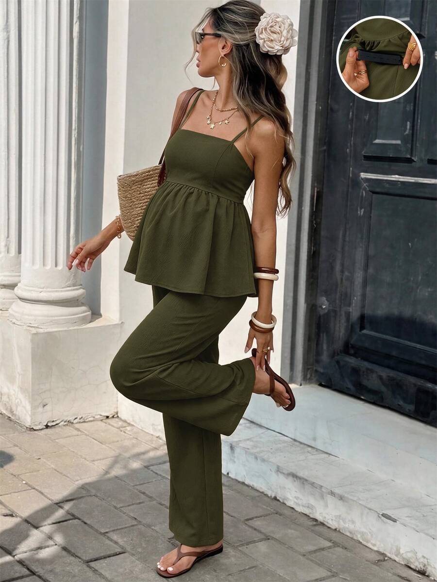 SHEIN 孕婦度假休閒純色細肩帶背心與長褲兩件套 - 軍綠色 - 查看 1