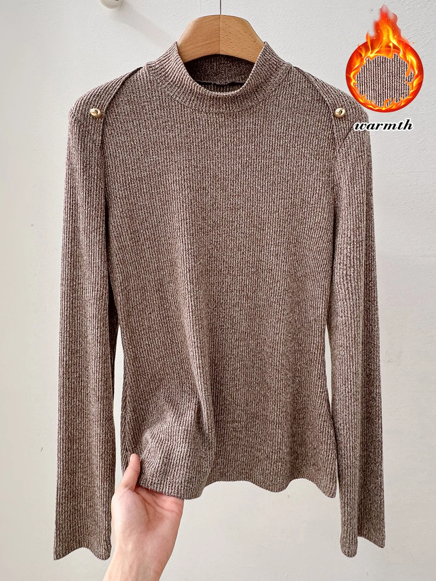 Rusticease Middle-Aged Women Minimalist Button Long Sleeve T-Shirt - Camel - View 1