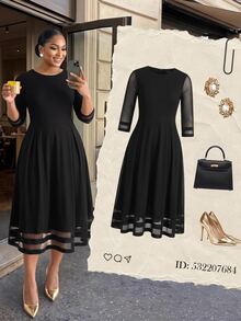 SHEIN CURVE+ Plus Size 22W Autumn/Winter New Mesh Patchwork Dress, Recommended Party & Banquet Style, Suitable For Halloween & Christmas - Black - View 7
