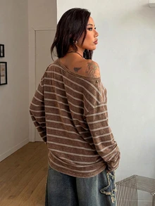 Coolane 女款寬鬆休閒棕色雪花條紋不對稱肩 T-shirt，適合春秋穿著 - 彩色 - 查看 9