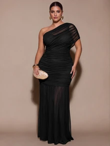 SHEIN BAE CURVE Plus Size Women's Green Asymmetrical Shoulder Pleated Dress - Black - View 5
