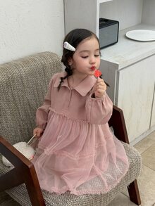 DAZY Gaun Bayi/Balita (Perempuan) Lengan Panjang dengan Kerah Jala dan Motif Patchwork Gaya Korea Musim Gugur/Dingin - Berwarna merah muda - View 3