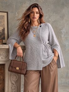 Ceyna Plus Size Minimalist Button Tie Knit Sweater - Grey - View 7