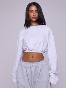 MUSERA ESSENTIALS Grey Jersey Cropped Cinched Waist Sweatshirt Autumn Winter Fall Casual Loungewear Everyday - Light Grey - View 1