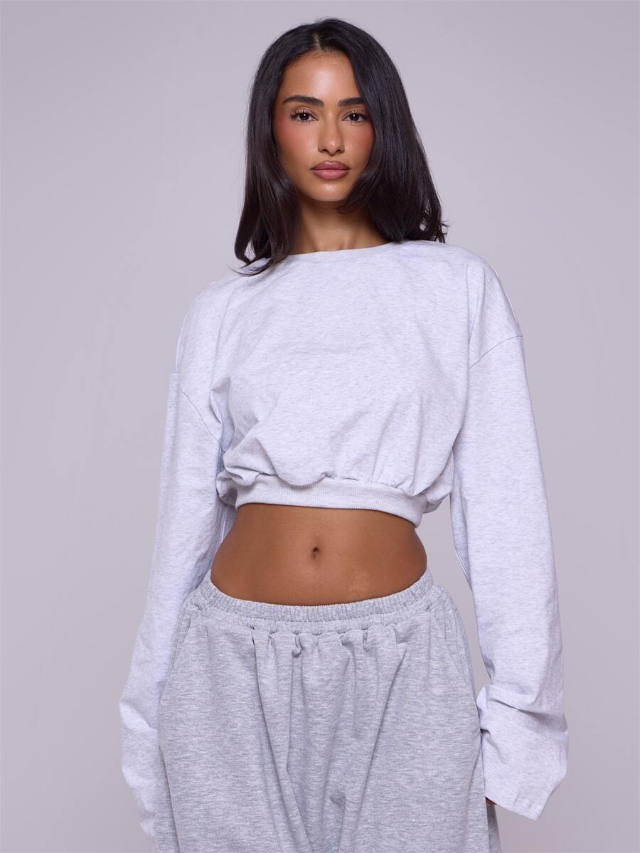 MUSERA ESSENTIALS Grey Jersey Cropped Cinched Waist Sweatshirt Autumn Winter Fall Casual Loungewear Everyday - Light Grey - View 1