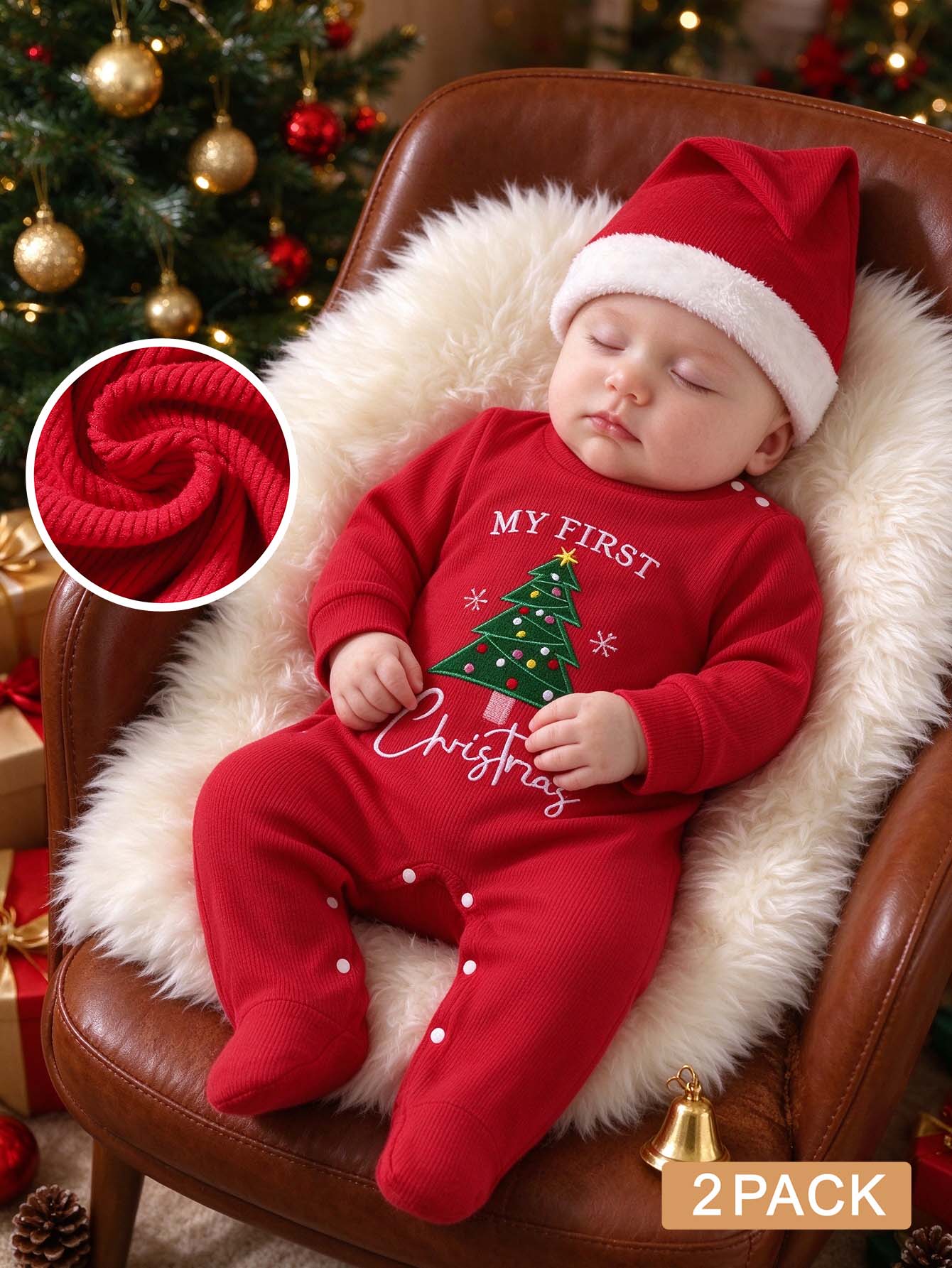 SHEIN 2pcs Newborn Baby Girl Footed Romper Hat Cute Red White Ribbed Knit Embroidery Long Sleeve Round Neck Holiday Winter Holiday New Born Tree - Red - View 1