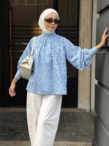 DAZY Women's Stand Collar Casual Versatile Daily Long Sleeve Shirt - Blue - View 4