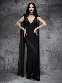 Cryptelle Gaun Tanpa Lengan Berkerah V Dalam Gaya Gothic Gelap untuk Wanita dengan Hiasan Jala untuk Kostum Pesta Halloween Bertema Penyihir di Musim Gugur/Musim Dingin - Hitam - View 3