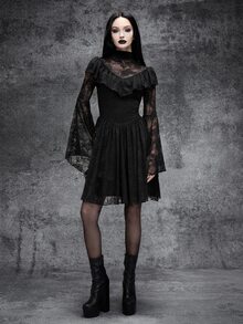 Cryptelle Women's High Elastic Ruffle Trim Lace Mesh Bell Sleeve Short Mini Dress Autumn/Winter Black Gothic Style Halloween Outfit Costume Party Night - Black - View 3