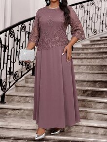 SHEIN CURVE+ Plus Size Women's Contrast Lace Round Neck 3/4 Sleeve Elegant Dress Fall - Purple - View 3