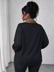 Elenzga Women's Fashion Leopard-Print Collar Pattern Print, Casual Long-Sleeve Top. - Multicolor - View 2