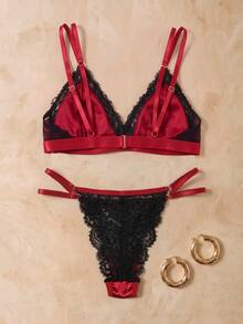 HautHeat 6pcs Multi-Color Satin Lace Patchwork Triangle Cup Elegant Romantic French Style Women's Lingerie Set - Multicolor - View 5
