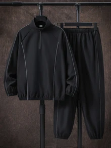 SHEIN Tween Boy Colorblock Long Kids Sleeve Jacket And Pants Casual Everyday Outfit - Black - View 2