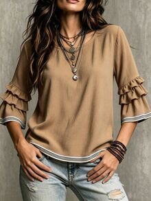 Glimmora Women's Summer Autumn New Contrast Color French Casual Loose Ruffle 3/4 Flare Sleeve Plus Size Blouse - Khaki - View 7