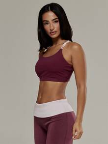 Musera Sport Scoop Neck Double Strap Contrast Colour Sports Bra Gym Pilates Workout Active Cute Daily - Burgundy - View 4