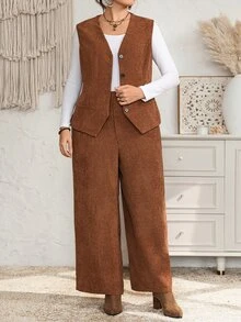 EMERY ROSE Plus Size Brown Textured Button Front V Neck Long Sleeve Two Pieces Set Elegant Formal Fall Winter 2026 - Brown - View 7