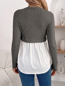 SHEIN 孕婦對比色圓領長袖羅紋休閒T恤哺乳上衣孕婦上衣秋季 - 灰色 - 查看 3