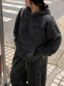 Dazy Plus Hooded Girl Casual Korean Style Thermal Lined Loose Sweatshirt And Sweatpants 2 Pieces Set - Dark Grey - View 9