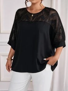 Cravure Plus Size Round Neck 3/4 Sleeve Short Sleeve Gold Foil Fabric Patchwork Contrast Color Woven Fabric Cuff Raglan Sleeve Casual Pullover Shirt For Outing, Vacation, Commute And Party - Black - View 5