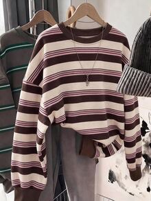SHEIN EZwear 秋冬新款彩色條紋學院風基本款圓領長袖女款套頭運動衫，適合日常通勤、約會、聚會、秋冬、夏季、派對、婚禮、海灘、畢業典禮等場合，優雅休閒，適合出遊、Y2K風格、音樂節等場景 - 白色 - 查看 1