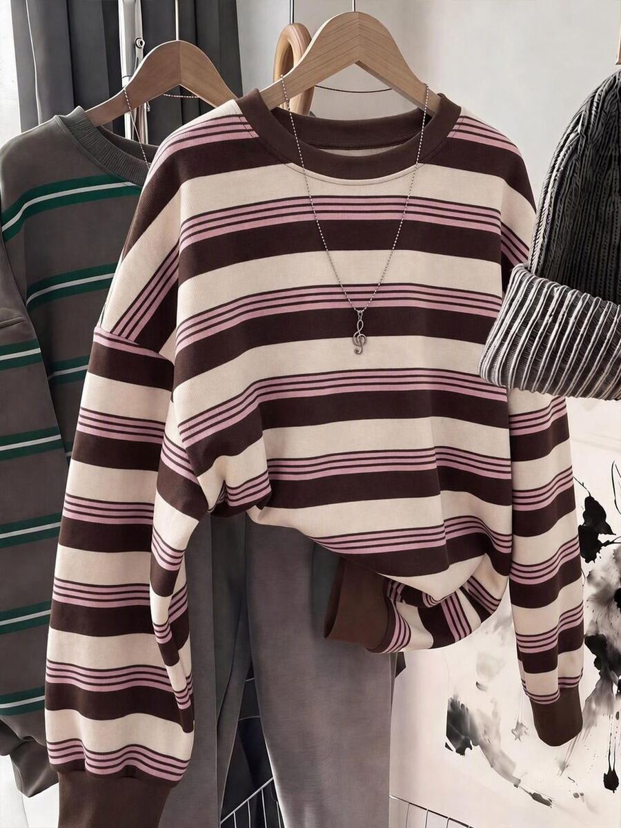 SHEIN EZwear 秋冬新款彩色條紋學院風基本款圓領長袖女款套頭運動衫,適合日常通勤、約會、聚會、秋冬、夏季、派對、婚禮、海灘、畢業典禮等場合,優雅休閒,適合出遊、Y2K風格、音樂節等場景 - 白色 - 查看 1