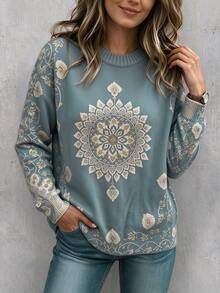 SHEIN LUNE Vintage Mandala Print Round Neck Sweater Women, Gray Blue Loose Drop Shoulder Pullover Knit Plus Size Top - Blue - View 3