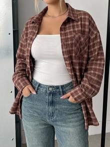 Livesso Curve Thick Plaid Loose Collar Pocket Button-Up Long Sleeve Shirt Plus Size Women Street Style - Pink - View 1