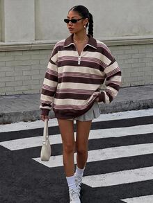 Muchica 女款秋季新款條紋半拉鍊 Polo 領夾克上衣，秋冬新款女款運動衫，彩色條紋印花半拉鍊運動衫，戶外度假穿搭 - 彩色 - 查看 3