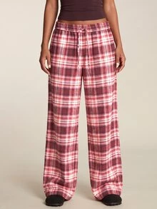 SHEIN BAE Women's Drawstring Waist Plaid Sports Long Pants With Pockets - Burgundy - View 3