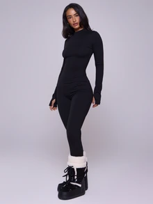 MUSERA ESSENTIALS Jumpsuit Hitam Berkerah Tinggi dengan Lubang Jempol dan Lapisan Bulu Domba, Cocok untuk Aktivitas Ski Sehari-hari di Musim Gugur dan Musim Dingin. - Hitam - View 2
