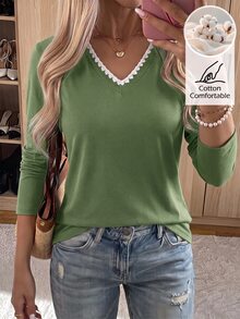 Easowa V領對比色刺繡飾邊女款套頭T恤，95%可追溯棉質布料，休閒寬鬆優雅通勤老錢風，秋冬款 - 綠色 - 查看 4