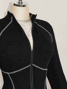 SHEIN ICON Plus Size Vintage Y2K Sexy Front Zipper Contrast Stitching Decor Slimming Tight Jumpsuit, Jumpsuit Outfit - Black and White - View 8