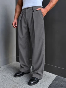 Manfinity Bizformal Men's Casual Pleated Pocket Suit Pants, Loose Fit For Daily Wear - Dark Grey - View 1